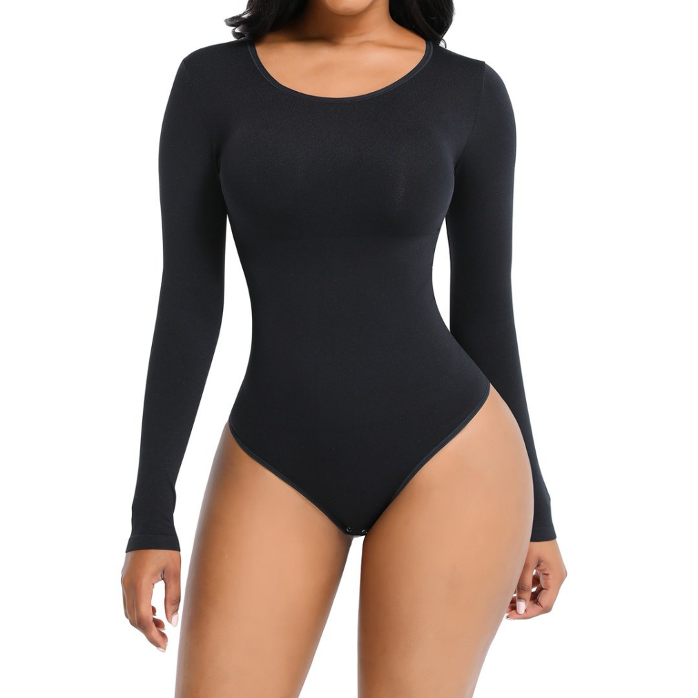 Bustier Shapewear Bodysuit, Black Smooth Longer Sleeve One-piece Bodysuit